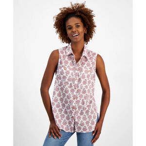 Nautica Jeans Size M Sleeveless Button Down Paisley Shirt White & Pink NWT